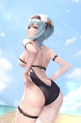 Rule 34 | 1girl, absurdres, adjusting clothes, adjusting swimsuit, alternate costume, ass, ass focus, bare back, beach, blue hair, blue sky, blurry, bow, bracelet, breasts, brown eyes, cloud, cloudy sky, commentary, depth of field, dimples of venus, english commentary, eula (genshin impact), from behind, genshin impact, hair between eyes, hair bow, hair ribbon, hairband, highres, horizon, jewelry, kie (wylee2212), leaning forward, long hair, looking at viewer, looking back, ocean, one-piece swimsuit, ribbon, sideboob, sidelocks, sky, solo, swimsuit, tattoo, thighs