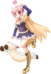 Rule 34 | 1girl, :3, alchemist (ragnarok online), amistr (ragnarok online), blue sleeves, blush, boots, breasts, brown cape, brown footwear, cape, cleavage, closed mouth, commentary request, cowlick, cross-laced footwear, detached sleeves, double bun, dress, full body, fur collar, furukawa lemon, grey dress, hair bun, highres, looking at viewer, medium breasts, neck ribbon, pink eyes, pink hair, poring, ragnarok online, red ribbon, ribbon, sheep, short dress, short hair, simple background, slime (creature), smile, strapless, strapless dress, white background