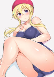 Rule 34 | 1girl, ass, ass focus, blonde hair, blue one-piece swimsuit, blush, breasts, cleavage, closed mouth, competition school swimsuit, grey background, hair between eyes, honda naoki, large breasts, long hair, looking at viewer, murenase! shiiton gakuen, one-piece swimsuit, purple eyes, school swimsuit, shishio miyubi, simple background, solo, swim cap, swimsuit, twintails, wet