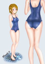 Rule 34 | 1girl, absurdres, artist name, bare legs, bare shoulders, barefoot, blue one-piece swimsuit, blush, breasts, brown hair, collarbone, competition swimsuit, feet, female focus, full body, hair between eyes, highres, koizumi hanayo, looking at viewer, love live!, love live! school idol project, one-piece swimsuit, parted lips, purple eyes, roswell ss, short hair, small breasts, smile, solo, swimsuit, worried
