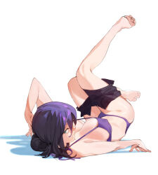 Rule 34 | 1girl, barefoot, bikini, breasts, chainsaw man, cleavage, clothes pull, green eyes, hair between eyes, hair bun, highres, knees together feet apart, large breasts, legs, looking at viewer, pulling own clothes, purple bikini, raneblu, reze (chainsaw man), short hair, short shorts, shorts, simple background, single hair bun, soles, solo, swimsuit, toes, undressing, white background