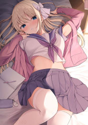 Rule 34 | 1girl, bed sheet, black thighhighs, blonde hair, blue eyes, blue skirt, blush, bra, bra slip, clothes lift, commentary request, day, hair between eyes, hair ornament, hair ribbon, head on pillow, indoors, light rays, long hair, looking at viewer, lying, messy hair, midriff, nekokobushi, notebook, on back, on bed, original, parted lips, partial commentary, pen, pillow, pink sweater, pleated skirt, ribbon, school uniform, serafuku, shirt, shirt lift, skirt, solo, spread lips, sunlight, sweater, thighhighs, thighs, underwear, white shirt, white thighhighs
