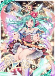 Rule 34 | 1girl, :d, akkijin, blue cape, blue hair, boots, cape, card (medium), carnival, crown, dress, fairy, fairy wings, fireworks, flower, frilled skirt, frills, hair flower, hair ornament, official art, open mouth, pixie servant (shinkai no valkyrie), pointy ears, red dress, red eyes, red flower, shinkai no valkyrie, skirt, smile, solo, wings