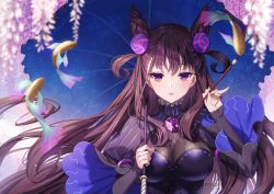 Rule 34 | 1girl, blush, breasts, brown hair, calligraphy brush, commentary request, cone hair bun, double bun, fate/grand order, fate (series), fingernails, fish, flower, gem, hair between eyes, hair bun, hair ornament, holding, large breasts, long hair, looking at viewer, murasaki shikibu (fate), paintbrush, parted lips, puffy sleeves, purple eyes, rosuuri, sleeves past wrists, solo, two side up, umbrella, upper body, very long hair, wisteria
