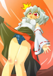 Rule 34 | 1girl, ^^^, animal ears, bare legs, bare shoulders, clothes lift, detached sleeves, female focus, from below, inubashiri momiji, red eyes, school swimsuit, short hair, silver hair, skirt, skirt lift, solo, swimsuit, swimsuit under clothes, touhou, winn, wolf ears