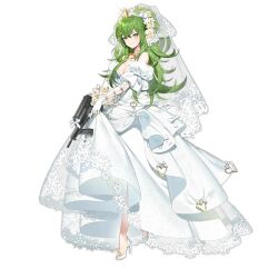 Rule 34 | 1girl, bahao diqiu, bouquet, breasts, bridal veil, brooch, calico m950, calico m950a, cheek pistol, cleavage, crown, double-stack magazine, dress, elbow gloves, floral print, flower, flower request, girls&#039; frontline, glass slipper, gloves, green hair, gun, hair flower, hair ornament, halterneck, handgun, heart-shaped ornament, helical magazine, high-capacity magazine, high heels, holding, holding bouquet, holding gun, holding weapon, jewelry, light blush, long hair, looking at viewer, m950a (girls&#039; frontline), m950a (the warbler and the rose) (girls&#039; frontline), machine pistol, medium breasts, official alternate costume, official art, pistol, ring, simple background, smile, solo, submachine gun, transparent background, veil, weapon, wedding dress, wedding ring, white gloves, yellow brooch, yellow eyes