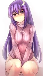 Rule 34 | 1girl, alternate costume, between legs, blush, bottomless, breasts, crescent, crescent hair ornament, full-face blush, hair ornament, hand between legs, head tilt, janne cherry, long hair, long sleeves, looking at viewer, medium breasts, parted lips, patchouli knowledge, purple eyes, purple hair, ribbed sweater, simple background, sitting, solo, sweater, touhou, turtleneck, v arms, white background
