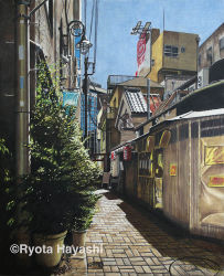 Rule 34 | alley, building, city, colored pencil (medium), commentary, dated, day, hayashi ryouta, lamp, lantern, no humans, original, outdoors, paper lantern, plant, potted plant, power lines, real world location, road, scenery, shadow, signature, sky, street, texture, tokyo (city), torii, traditional media, twitter username, utility pole