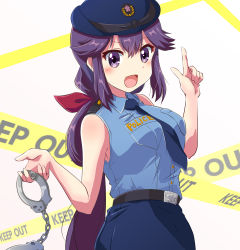 Rule 34 | 1girl, :d, bare arms, bare shoulders, black necktie, blue shirt, blue skirt, blush, breasts, collared shirt, cowboy shot, cuffs, hair flaps, handcuffs, hat, highres, holding, holding handcuffs, index finger raised, long hair, looking at viewer, low ponytail, machikado mazoku, mature female, medium breasts, n88 colpla, necktie, open mouth, pencil skirt, police, police hat, police uniform, policewoman, purple eyes, purple hair, shirt, skirt, sleeveless, sleeveless shirt, smile, solo, uniform, w arms, yoshida seiko