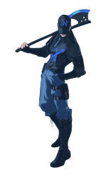 Rule 34 | 1boy, arm pouch, arm strap, axe, belt, black belt, black footwear, black gloves, black shirt, black vest, blue pants, boots, collared shirt, es limbus, fingerless gloves, gloves, highres, holding, holding axe, limbus company, long sleeves, male focus, meursault (project moon), over shoulder, pants, pouch, project moon, shirt, simple background, solo, thigh pouch, thigh strap, vambraces, vest, white background