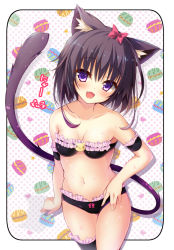 Rule 34 | 1girl, animal ears, arm at side, arm garter, bare shoulders, black bra, black hair, black panties, blush, bow, bra, breasts, cat ears, cat tail, cleavage, collarbone, cowboy shot, eyelashes, fang, food, food-themed background, frilled bra, frilled panties, frilled thighhighs, frills, hair bow, head tilt, huei nazuki, looking at viewer, macaron, original, panties, pink bow, polka dot, polka dot background, purple eyes, short hair, single thighhigh, small breasts, solo, standing, sweat, tail, tareme, thighhighs, translation request, underwear, underwear only