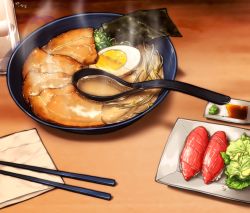 Rule 34 | bowl, chopsticks, commentary request, cup, drinking glass, egg, egg (food), fish (food), food, food focus, hardboiled egg, highres, indoors, korean text, meat, napkin, nigirizushi, no humans, noodles, nori (seaweed), original, pork, ramen, randle, realistic, soy sauce, spoon, steam, sushi, text focus, translation request, wasabi, water