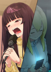 Rule 34 | 2girls, absurdres, blonde hair, blush, cellphone, closed eyes, closed mouth, commentary request, crying, crying with eyes open, green hair, highres, holding, holding microphone stand, jacket, long sleeves, microphone stand, multicolored hair, multiple girls, music, mutsuki (mutsuki0110), open mouth, phone, purple eyes, purple hair, roots (hair), signature, singing, smartphone, streaked hair, sweater, takanashi kim anouk mei, tears, teeth, white jacket, yamanouchi kano, yellow sweater, yoru no kurage wa oyogenai, zipper pull tab