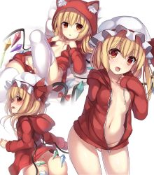 Rule 34 | 1girl, alternate costume, animal hood, arm behind back, ass, blonde hair, blush, bottomless, bow, breasts, cat hood, cat tail, cowboy shot, crystal, flandre scarlet, from behind, gluteal fold, hat, hat ribbon, highres, hood, hood down, hoodie, janne cherry, knee up, long hair, long sleeves, looking at viewer, lying, mob cap, multiple views, naked hoodie, navel, no bra, no panties, on back, open clothes, open hoodie, open mouth, orange eyes, pillow, profile, red bow, red eyes, red ribbon, ribbon, side ponytail, simple background, small breasts, smile, standing, tail, tail bow, tail ornament, thighhighs, thighs, touhou, unzipped, wavy mouth, white background, white thighhighs, wings