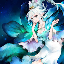Rule 34 | blue dress, breasts, cleavage, crossed bangs, dress, fairy wings, final fantasy, final fantasy xiv, flower, frilled dress, frills, green eyes, hair between eyes, hair flower, hair ornament, hisato ar, jewelry, long hair, looking at viewer, medium breasts, necklace, pointy ears, short hair, titania (final fantasy), translation request, wings