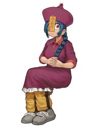 Rule 34 | 1girl, absurdres, blue hair, braid, braided ponytail, chanta (ayatakaoisii), collared dress, dress, elbow sleeve, frilled dress, frills, grey footwear, highres, invisible chair, jiangshi, jiangshi (chanta), long hair, one eye covered, original, own hands together, pants, pants under dress, purple dress, purple headwear, red eyes, shoes, simple background, sitting, solo, white background, yellow pants