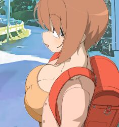 Rule 34 | 1girl, backpack, bag, breasts, brown eyes, brown hair, cardigan, cleavage, fang, from side, hair between eyes, henyaan (oreizm), highres, large breasts, open cardigan, open clothes, open mouth, oppai loli, original, outdoors, pink cardigan, profile, randoseru, red bag, road, solo, traffic barrier, upper body