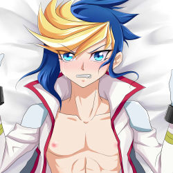 Rule 34 | 1boy, absurdres, bed, blonde hair, blue eyes, blue hair, blush, highres, multicolored hair, muscular, nipples, open clothes, open shirt, simple background, solo, yaoi, yu-gi-oh!, yu-gi-oh! arc-v, yuu-gi-ou, yuu-gi-ou arc-v, yuugo (yu-gi-oh!)