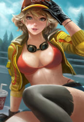Rule 34 | 10s, 1girl, black gloves, blonde hair, bracelet, breasts, cidney aurum, cleavage, artistic error, final fantasy, final fantasy xv, frank lee, gloves, goggles, goggles around neck, green eyes, hat, highres, jewelry, looking at viewer, parted lips, short shorts, shorts, smile, solo, sweat, thighhighs, thong