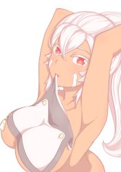 Rule 34 | 1girl, absurdres, armpits, azur lane, bad id, bad pixiv id, blush, breasts, closed mouth, dark-skinned female, dark skin, highres, large breasts, long hair, looking at viewer, minneapolis (azur lane), red eyes, self-upload, simple background, solo, standing, stryx, white background