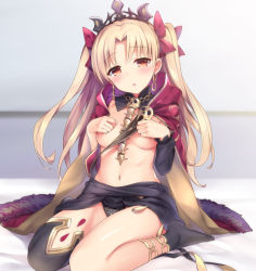 Rule 34 | 1girl, asymmetrical legwear, bankoku ayuya, black dress, blonde hair, blush, bow, breasts, cape, covering privates, covering breasts, dress, ereshkigal (fate), fate/grand order, fate (series), hair bow, half-closed eyes, long hair, looking at viewer, mismatched legwear, navel, nipples, parted bangs, parted lips, pink bow, red eyes, single thighhigh, small breasts, solo, thighhighs, tohsaka rin, two side up
