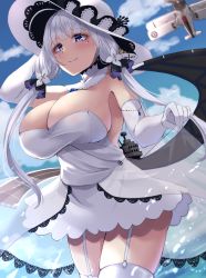 Rule 34 | 1girl, aircraft, airplane, azur lane, biplane, blue eyes, blue sky, blush, breasts, closed mouth, cowboy shot, dress, elbow gloves, fairey swordfish, garter straps, gloves, hair ornament, highres, illustrious (azur lane), large breasts, large hat, long hair, looking at viewer, mole, mole under eye, outdoors, sky, smile, solo, thighhighs, thighs, twintails, water, wee (weeyy), white dress, white gloves, white hair, white headwear, white thighhighs
