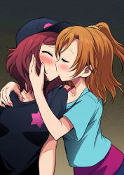 Rule 34 | 10s, 2girls, bad id, bad pixiv id, blush, brown hair, couple, closed eyes, female focus, from behind, hand on another&#039;s cheek, hand on another&#039;s face, hand on another&#039;s shoulder, hat, hug, hug from behind, kiss, kosaka honoka, love live!, love live! school idol project, multiple girls, niina ryou, nishikino maki, off shoulder, ponytail, red hair, shirt, short hair, side ponytail, star (symbol), t-shirt, yuri
