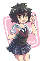 Rule 34 | 1girl, backpack, bag, blush stickers, brown eyes, brown hair, character name, chibi, colonel aki, commentary request, hair between eyes, hand up, looking at viewer, marvel, necktie, open mouth, peni parker, plaid, plaid skirt, school uniform, shiny skin, short hair, short sleeves, skirt, solo, spider-man: into the spider-verse, spider-man (series), spider-verse, sweater vest, upper body, v