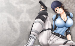 Rule 34 | .40 s&amp;w, 1girl, belt, beretta, beretta px4 storm, blush, breasts, brown hair, cameltoe, cleavage, covered erect nipples, female focus, gun, handgun, hat, highres, huge breasts, impossible clothes, jill valentine, kesshoku mikan, knee pads, large breasts, lips, long hair, looking at viewer, pants, pistol, ponytail, resident evil, resident evil 5, sitting, size hermitage, solo, spread legs, unzipped, wallpaper, weapon