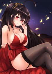 Rule 34 | 1girl, :p, ahoge, azur lane, bare arms, bare shoulders, blush, breasts, brown hair, brown thighhighs, choker, cleavage, closed mouth, cocktail dress, collarbone, commentary request, dress, garter straps, hair between eyes, hair ornament, hand on own face, hand up, head tilt, highres, large breasts, long hair, looking at viewer, official alternate costume, one side up, red choker, red dress, red eyes, ryara, sitting, skirt hold, sleeveless, sleeveless dress, smile, solo, taihou (azur lane), taihou (forbidden feast) (azur lane), thighhighs, tongue, tongue out, very long hair