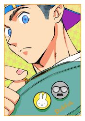 Rule 34 | 1boy, animal print, backwards hat, bara, billy russell (dickfish), blue eyes, close-up, dickfish (fishismdick), hat, highres, implied yaoi, john rottweil (dickfish), looking down, male focus, merchandise, original, rabbit print, short hair, solo, thick eyebrows, zipping