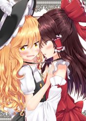 Rule 34 | &gt;:o, 2girls, annoyed, bare shoulders, bdsm, blonde hair, blouse, blush, bound together, bow, brown hair, chain, chained, choker, collar, d:, detached sleeves, ear blush, forehead-to-forehead, hair bow, hair ribbon, hair tubes, hakurei reimu, hat, hat bow, heads together, highres, hug, imminent kiss, kirisame marisa, large bow, linked collar, long hair, looking away, multiple girls, open mouth, puffy short sleeves, puffy sleeves, pushing, rankasei, red eyes, ribbon, sarashi, shirt, short sleeves, skirt, skirt set, sweat, touhou, v-shaped eyebrows, wavy hair, wavy mouth, witch hat, yellow eyes, yuri