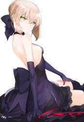 Rule 34 | 1girl, artoria pendragon (all), artoria pendragon (fate), bare shoulders, black dress, black gloves, black thighhighs, blonde hair, breasts, dress, elbow gloves, excalibur morgan (fate), fate/grand order, fate/stay night, fate (series), gloves, highres, looking at viewer, miruto netsuki, saber (fate), saber alter, shoulder blades, sideboob, simple background, sitting, sleeveless, sleeveless dress, small breasts, solo, sword, thighhighs, weapon, white background, yellow eyes