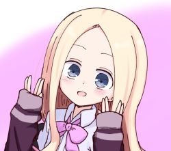 Rule 34 | 10s, :d, abigail williams (fate), blonde hair, blue eyes, blush, bow, collared shirt, commentary request, cosplay, fate/grand order, fate (series), forehead, gradient background, gridman universe, hands up, jacket, kujou karasuma, long hair, long sleeves, looking at viewer, open mouth, parted bangs, pink background, pink bow, purple jacket, salute, shinjou akane, shinjou akane (cosplay), shirt, sleeves past wrists, smile, solo, ssss.gridman, vulcan salute, white background, white shirt