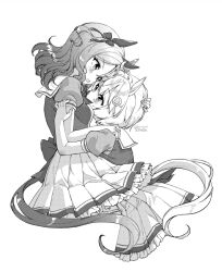 Rule 34 | 2girls, animal ears, blush, bow, breasts, commentary request, eye contact, frilled skirt, frills, greyscale, hair between eyes, horse ears, horse girl, horse tail, king halo (umamusume), koruri, long hair, looking at another, medium breasts, monochrome, multiple girls, one side up, open mouth, parted bangs, pleated skirt, puffy short sleeves, puffy sleeves, school uniform, seiun sky (umamusume), short sleeves, simple background, skirt, sweat, tail, tracen school uniform, twitter username, umamusume, white background