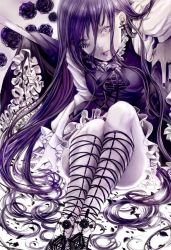 Rule 34 | 1girl, absurdly long hair, arm support, bad id, bad pixiv id, cross-laced footwear, flower, frills, legs, lips, long hair, monochrome, rose, sayamachi, sitting, solo, very long hair