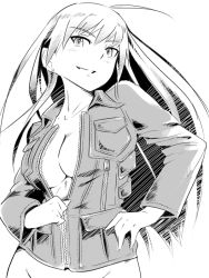 Rule 34 | 1girl, ahoge, bottomless, breasts, cleavage, em (totsuzen no hakike), greyscale, grin, hanna-justina marseille, jacket, large breasts, long hair, monochrome, out-of-frame censoring, smile, solo, strike witches, unzipping, witches of africa, world witches series