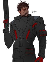 Rule 34 | 1boy, beard, facial hair, gun, looking away, male focus, overwatch, overwatch 1, reaper (overwatch), red eyes, simple background, solo, weapon, white background