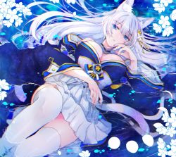 Rule 34 | 1girl, animal ear fluff, animal ears, azur lane, bare shoulders, blue butterfly, blush, breasts, bug, butterfly, cleavage, commentary request, fox ears, grey hair, hair ornament, highres, insect, japanese clothes, kimono, kitsune, large breasts, long hair, looking at viewer, multiple tails, off shoulder, purple eyes, shichijou natori, shinano (azur lane), solo, tail, thighhighs, white thighhighs