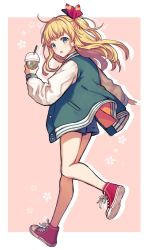Rule 34 | 1girl, alternate costume, bare legs, blonde hair, blue shorts, border, casual, cherry blossoms, cup, disposable cup, full body, granblue fantasy, green jacket, hair ribbon, holding, holding cup, jacket, kingyo 114, long hair, long sleeves, looking at viewer, looking back, mirin (granblue fantasy), one side up, open clothes, open jacket, open mouth, outside border, red footwear, red ribbon, ribbon, shoes, shorts, sneakers, solo, white border