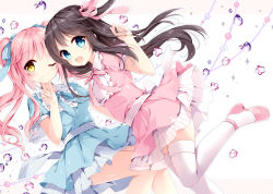 Rule 34 | 2girls, :d, ;), blue dress, blue eyes, blue ribbon, blush, brown hair, closed mouth, dress, dutch angle, hair ribbon, hand up, index finger raised, long hair, looking at viewer, mochizuki shiina, multiple girls, one eye closed, open mouth, original, pink dress, pink footwear, pink hair, pink ribbon, puffy short sleeves, puffy sleeves, ribbon, shoes, short sleeves, smile, thighhighs, thighs, twintails, water drop, white legwear, yellow eyes