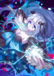 Rule 34 | 1girl, bad id, bad pixiv id, bare shoulders, black dress, black ribbon, blue eyes, breasts, cleavage, detached sleeves, dress, electricity, hair ribbon, land of caromag, large breasts, long hair, long sleeves, looking at viewer, official art, original, ribbon, silver hair, solo, sougishi ego, very long hair