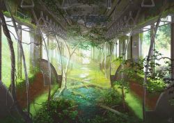 Rule 34 | blurry, blurry background, commentary request, day, depth of field, hand grip, mocha (cotton), no humans, original, overgrown, plant, ruins, scenery, signature, train interior, tree, water