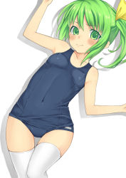 Rule 34 | 1girl, blush, breasts, covered erect nipples, daiyousei, female focus, green eyes, green hair, kabocha head, looking at viewer, matching hair/eyes, no wings, one-piece swimsuit, school swimsuit, side ponytail, small breasts, solo, swimsuit, tears, thigh gap, thighhighs, thighs, touhou, white background, white thighhighs