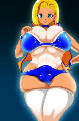 Rule 34 | 1girl, android 18, basara, bikini, blonde hair, blue eyes, blush, breasts, bulge, bursting breasts, cape, choker, cleavage, curvy, dragon ball, dragonball z, earrings, eyeshadow, flaccid, futanari, gradient background, hand on own hip, hand on own chest, highres, hoop earrings, huge breasts, jewelry, lips, lipstick, looking at viewer, makeup, navel, one-piece tan, shiny skin, short hair, skindentation, smile, solo, standing, swimsuit, tan, tanline, thick thighs, thighhighs, thighs, underboob, white thighhighs, wide hips, wristband