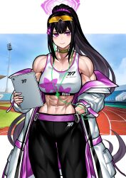 Rule 34 | 1girl, abs, absurdres, arm behind back, black hair, blue archive, blue sky, blush, choker, earphones, flower, hair flower, hair ornament, highres, jacket, long hair, muscular, muscular female, open clothes, open jacket, pants, pink eyes, sky, solo, stadium lights, sumire (blue archive), tight clothes, tight pants, toned, track and field, yotaro