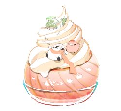 Rule 34 | artist name, bird, bowl, chai (drawingchisanne), commentary request, food, food focus, fruit, hat, highres, ice cream, mint, no humans, original, peach, penguin, scarf, simple background, sitting on food, whipped cream, white background