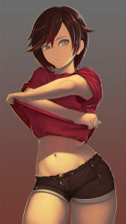 Rule 34 | 1girl, absurdres, black hair, chromatic aberration, clothes lift, colored eyelashes, cowboy shot, gradient background, gradient hair, grey background, grey eyes, highres, looking to the side, multicolored hair, navel, open mouth, red hair, red shirt, rimviolet, ruby rose, rwby, shirt, shirt lift, short hair, short shorts, shorts, solo, stomach, thighs