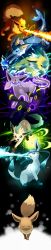 Rule 34 | absurdres, closed eyes, creatures (company), eevee, electricity, espeon, evolutionary line, fire, flareon, game freak, gen 1 pokemon, gen 2 pokemon, gen 4 pokemon, ginziro, glaceon, glowing, glowing eyes, highres, jolteon, leaf, leafeon, long image, nintendo, no humans, pokemon, pokemon (creature), tail, tall image, umbreon, vaporeon