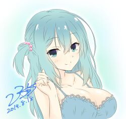 Rule 34 | 1girl, 2019, aqua eyes, aqua hair, bare shoulders, beads, blue background, blue bra, bra, bra pull, breasts, cleavage, close-up, closed mouth, clothes pull, collarbone, commentary request, crossed bangs, dated, double-parted bangs, eyelashes, frilled bra, frills, hair beads, hair between eyes, hair ornament, hand up, hirocchi, large breasts, light blush, long hair, looking at viewer, one side up, pulled by self, riddle joker, shikibe mayu, shiny skin, sidelocks, signature, simple background, smile, solo, underwear